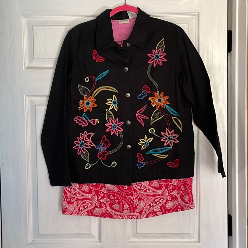White Stag floral embroidered black jacket L , w/red & white paisley skirt M NWT